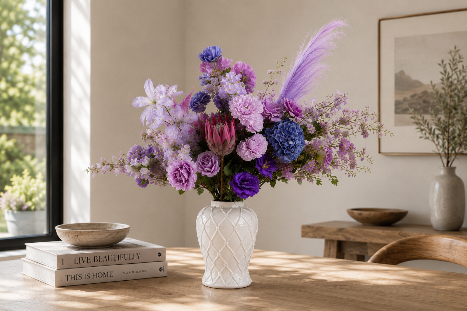 Monet-inspired Water Lily Collection artificial flower arrangement featuring pastel lavender, lilac, blush pink and soft blue blooms in a white ceramic vase, styled as elegant home décor in a bright sunlit interior.