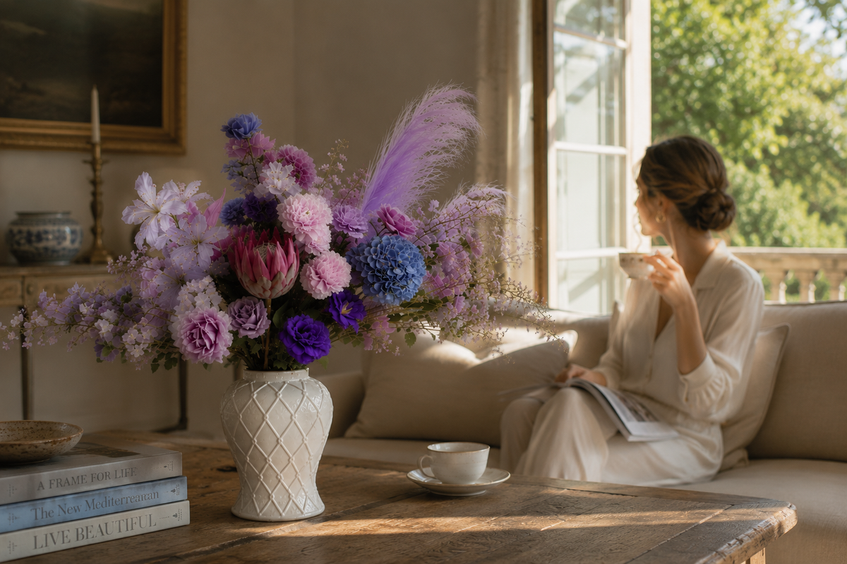 Water Lily Collection luxury artificial floral arrangement in a white ceramic vase, styled in a sunlit living room with a woman enjoying coffee by the window.